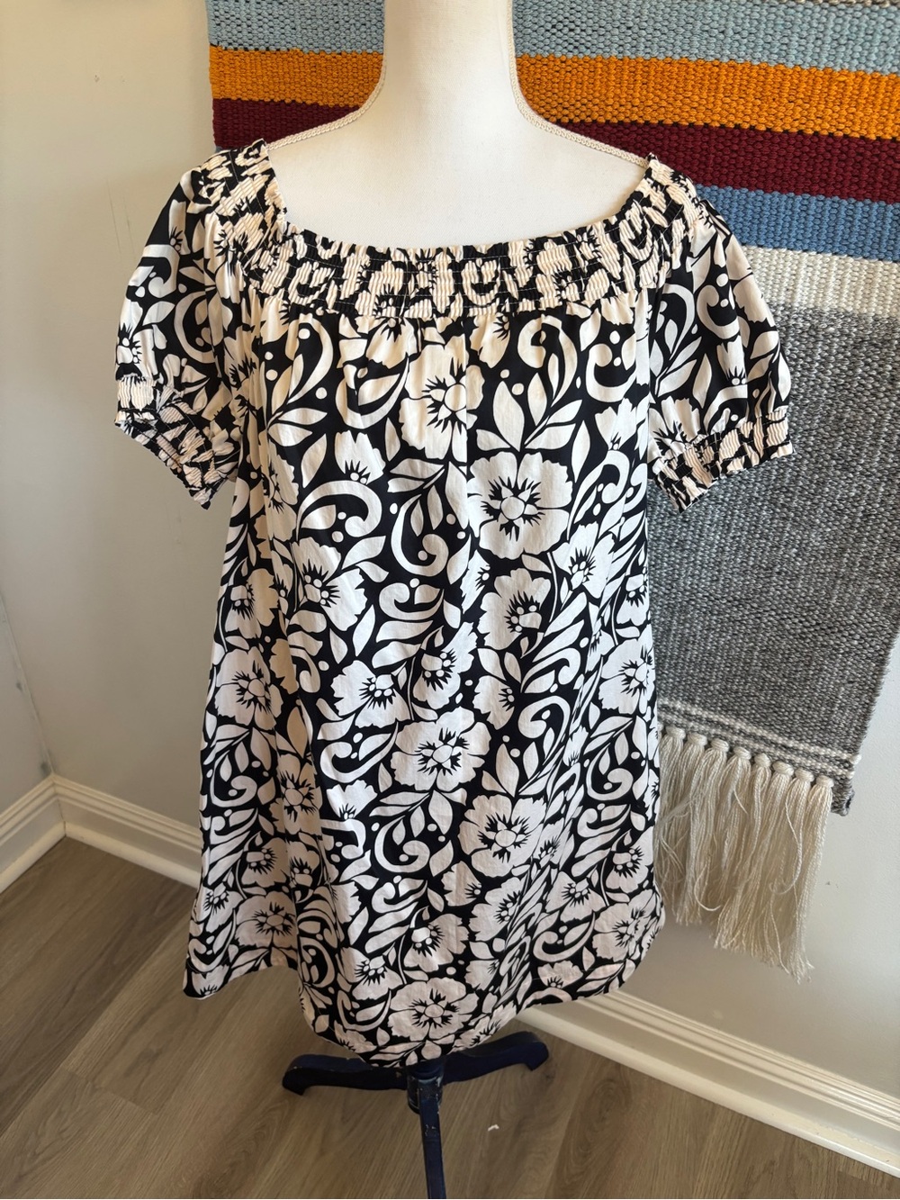 Boden Black & White Floral Off-Shoulder Midi Dress